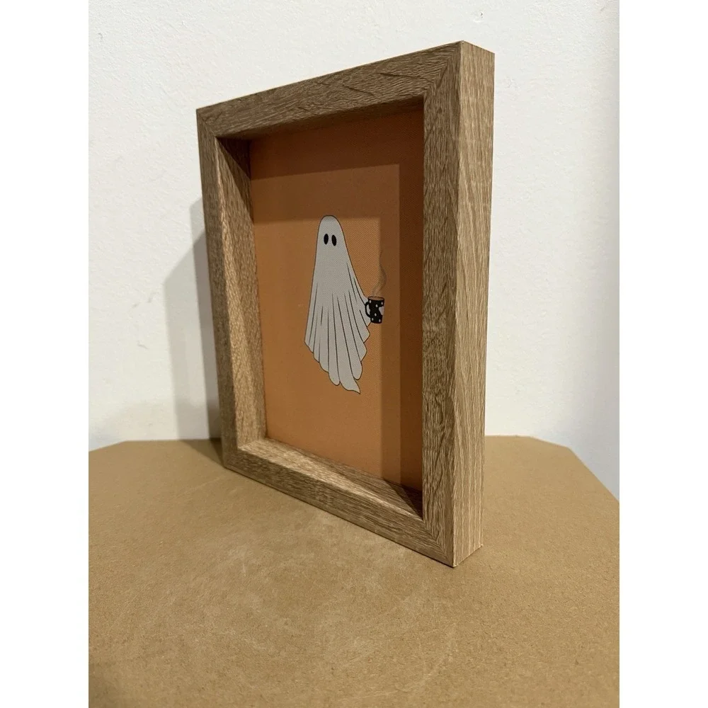 Halloween Ghost With Cute Coffee Mug‎ Orange Background Frame Decor 8x10
